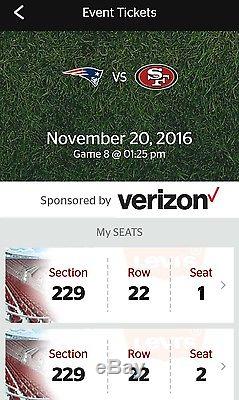 2- San Francisco 49ers vs New England Patriots Tickets Aisle Seats 1&2 11/20/17