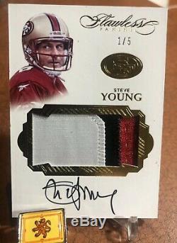 2016 flawless football Steve Young 1/5, 3 Color Patch Auto On Card Auto