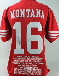 49ers Joe Montana Authentic Signed Red Jersey with Stats Autographed PSA/DNA