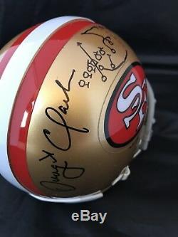 Joe Montana Dwight Clark signed mini helmet autograph Beckett Witnessed I17519