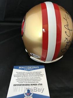 Joe Montana Dwight Clark signed mini helmet autograph Beckett Witnessed I17519