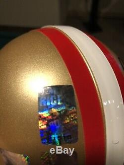 Joe montana, jerry rice, steve young autographed 49ers mini helmet, in case, coa