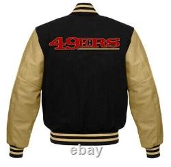 San Francisco 49ers Black Letterman Varsity Jacket with Leather Sleeves