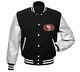 San Francisco 49ers Black & White Letterman Varsity Jacket with Leather Sleeves