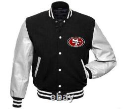 San Francisco 49ers Black & White Letterman Varsity Jacket with Leather Sleeves