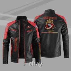San Francisco 49ers Leather Bomber Jacket Collared Motorcycle Biker Coat Outwear