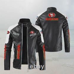 San Francisco 49ers Leather Bomber Jacket Collared Motorcycle Biker Coat Outwear