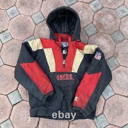Vintage 90's STARTER San Francisco 49ers 1/4 Zip Pullover Jacket with Pouch + Hood