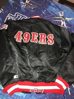 Vtg 90s SF 49ers Satin Starter Black Jacket Old English Script Logo USA Made